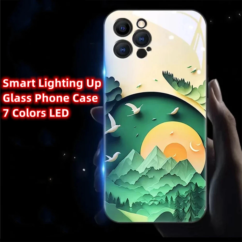 Beautiful Green Hill Sound Control LED Flash Case Luminous Glass Cover For Honor V40 60 70 80 90 Pro Huawei Nova 7 8 9 10 11