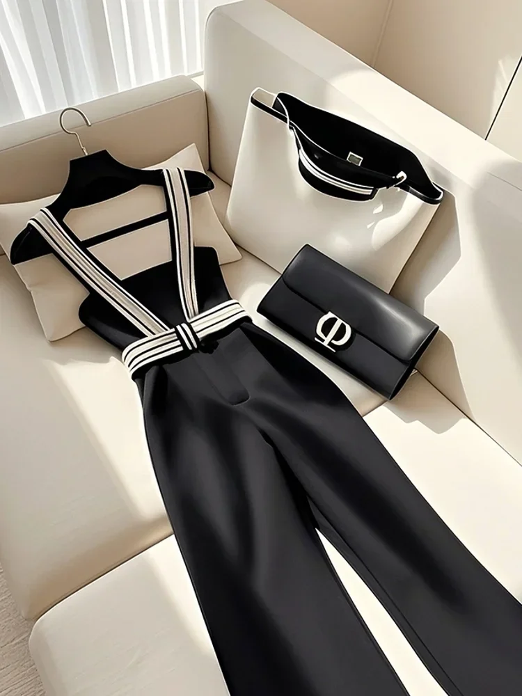 Korean Fashion Black Jumpsuit Women Elegance Strap Camisole Wide Leg Pant Jumpsuit Summer Frence Office Lady Design Style Formal