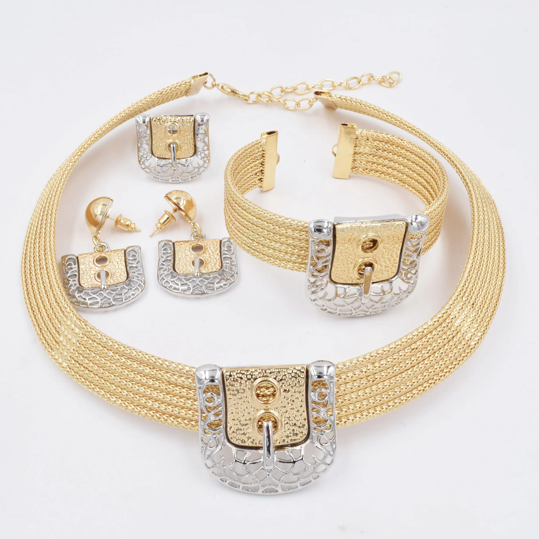 Imagem -03 - Italiano 18k Banhado a Ouro Conjunto de Jóias para Mulheres Quadrado Colar de Folhas Brincos Pulseira Anel Wedding Party Accessories Pcs