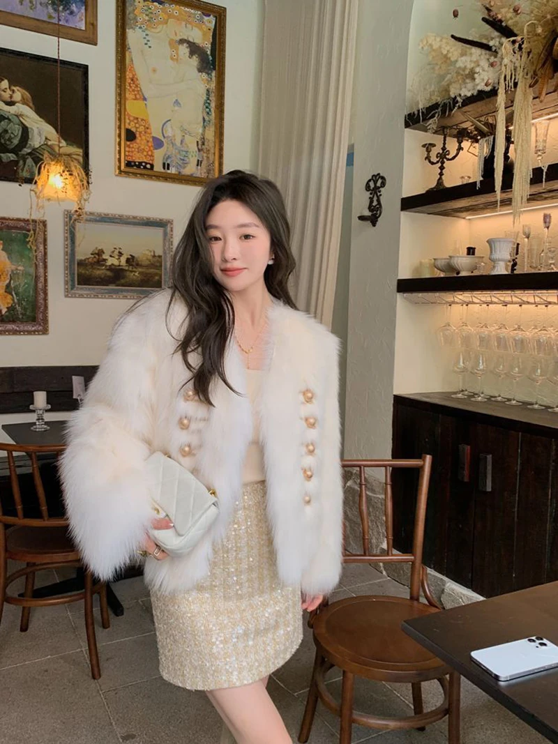 Chic White Women Faux Fur Jacket Pearl Button Coat Collarless Long Sleeve Cropped Loose Luxury Cozy Winter Outerwear Top