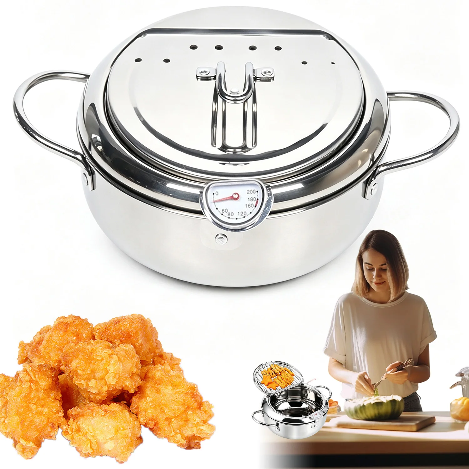 Japanischer Frittiertopf mit Thermometer und Deckel, Abtropfgitter aus 304 Edelstahl, 20 cm Tempura-Frittierpfanne für Gas-, Induktions-, Elektro- und Cerankochfelder