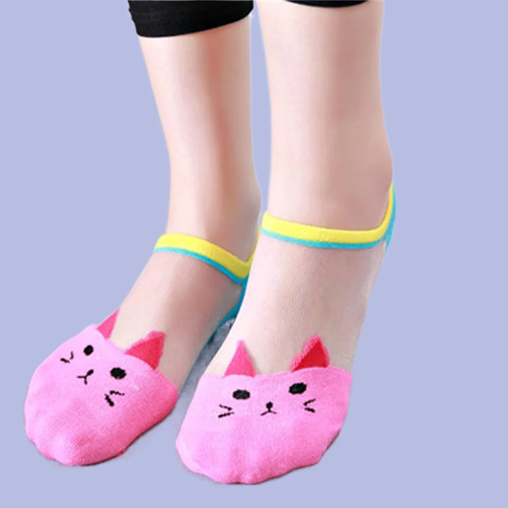 5 Pairs High Quality Women's Cute Cat Cartoon Socks Thin Crystal Silk Transparent Boat Socks Female Cotton Sole Invisible Socks