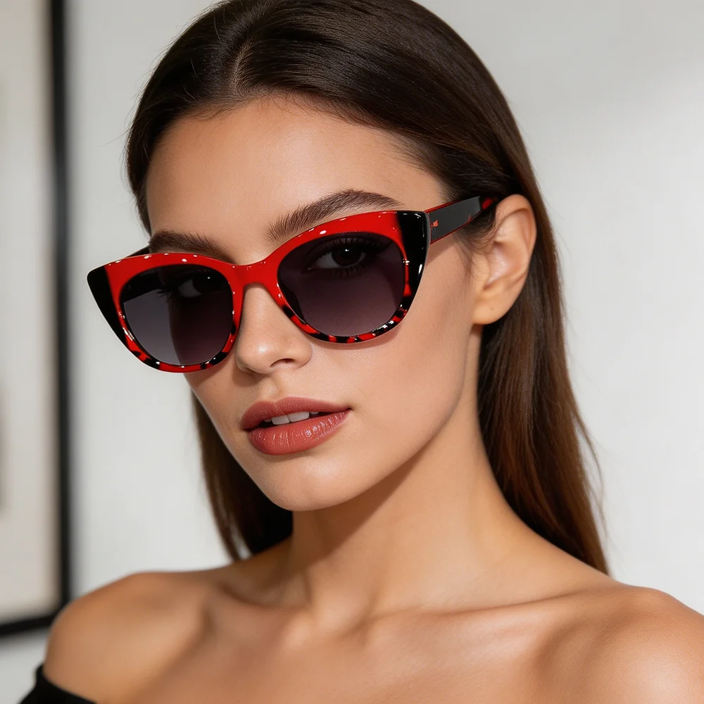 Trendige Farbblock-Cat-Eye-Sonnenbrille für Damen, luxuriöse Cateye-Sonnenbrille, Y2K, rosa, rot, Leopardenmuster, UV400-Schutz, Fahrbrille für Frauen