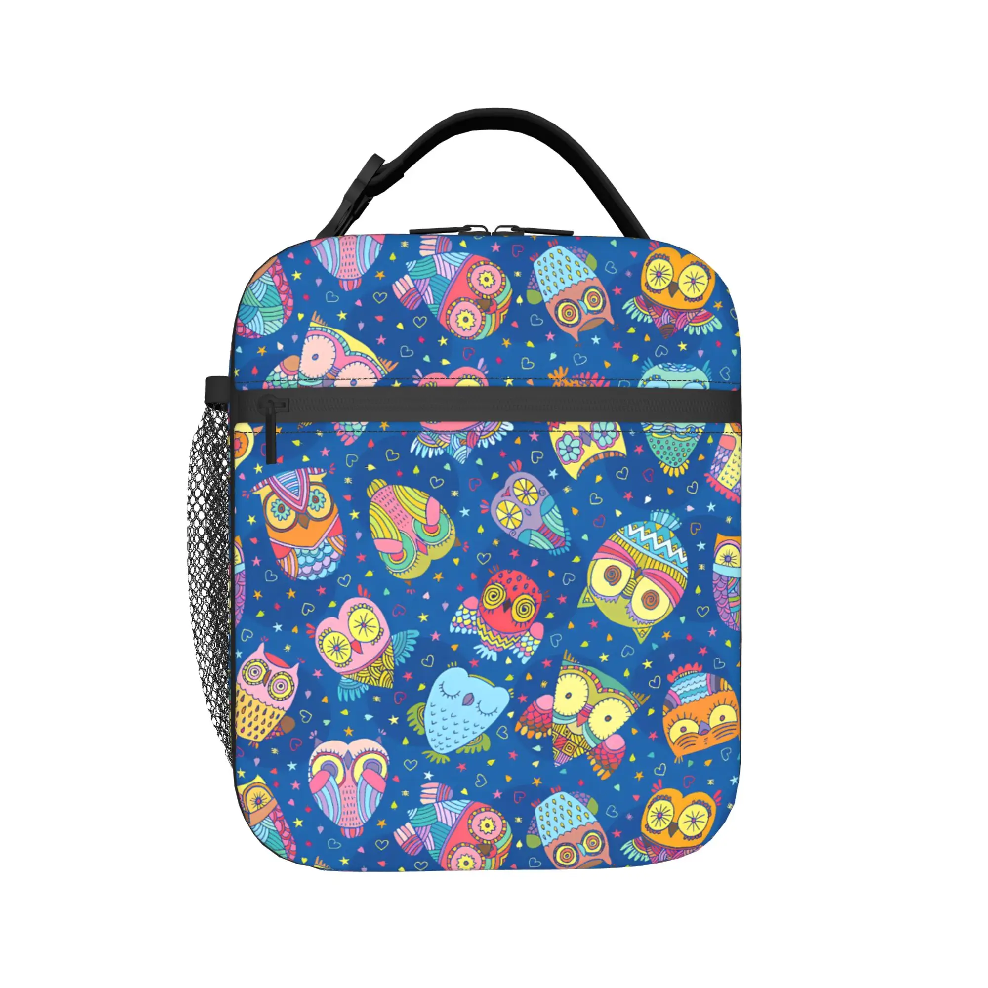 Blue Winter Owl Lunch Bag Animal Print Casual Lunch Box Travel Portable Zipper Thermal Tote Handbags For Child Print Cooler Bag
