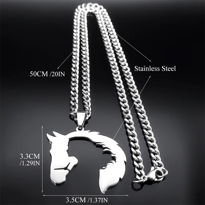 Pferd und Mädchen Silhouette Anhänger Halskette für Frauen Männer Edelstahl hohl Pferdekopf Tier Halsketten Schmuck Geschenk n3215s03 – Detail 3