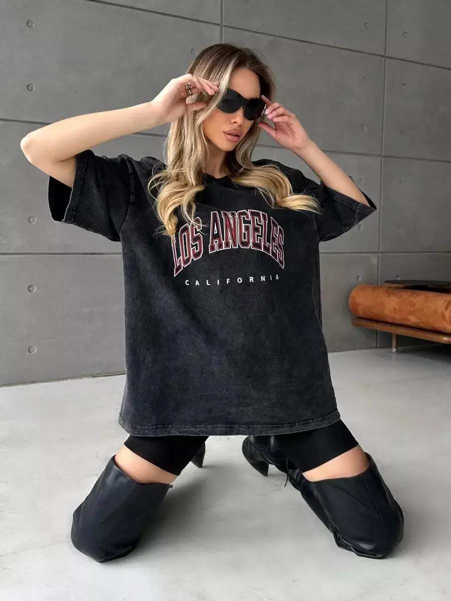 Cotton Washed T-shirts for Women Los Angeles Callfornia Letter Print Tops Loose O-Neck Oversized Short Sleeve Y2k Female Clothes