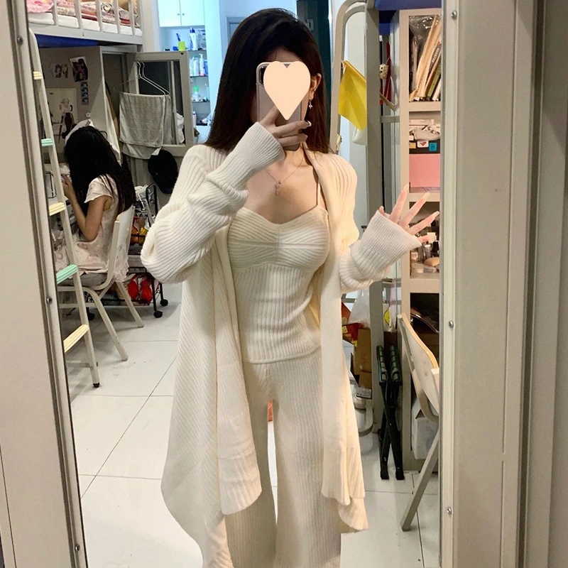 Women Knit Lounge Wear Three Piece Set Wide Leg Pants Cardigan Vest Korean Style Lazy Casual Outfit For Autumn Winter