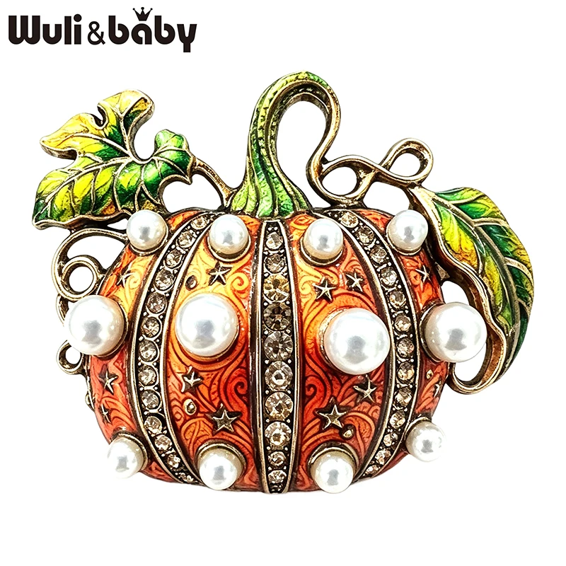 Wuli&baby Vintage Perlen-Kürbis-Broschen für Frauen Unisex 2-farbige Strass-Pflanzen Halloween-Party-Broschen Geschenke