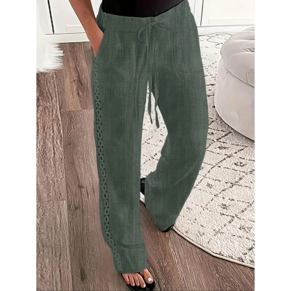 Pantalones de talla grande con ribete de encaje lateral para mujer, pantalones de Color sólido, diseño ajustado de punto, tela de espesor moderado, pantalones para todas las estaciones