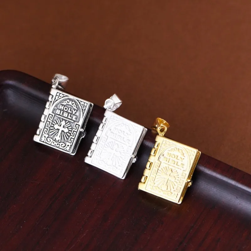 BOCAI S925 Silver Retro Personality Plain Silver Gold-plated Openable Scripture Pendant Men's And Women's Gifts