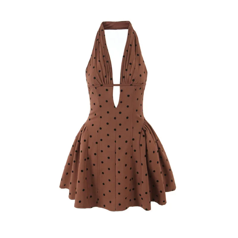 HKSH صيف جديد المرأة Ins شارع العليا مثير الرسن العميق الخامس الرقبة عارية الذراعين البولكا نقطة Ruched الخصر Cinching فستان قصير HK6442