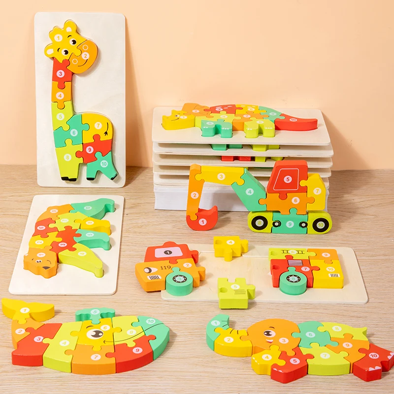 Montessori Rectangle Wooden Puzzle Animals Vehicles Pattern Colorful Numbered Puzzles For Toddlers Learning Educational Toys