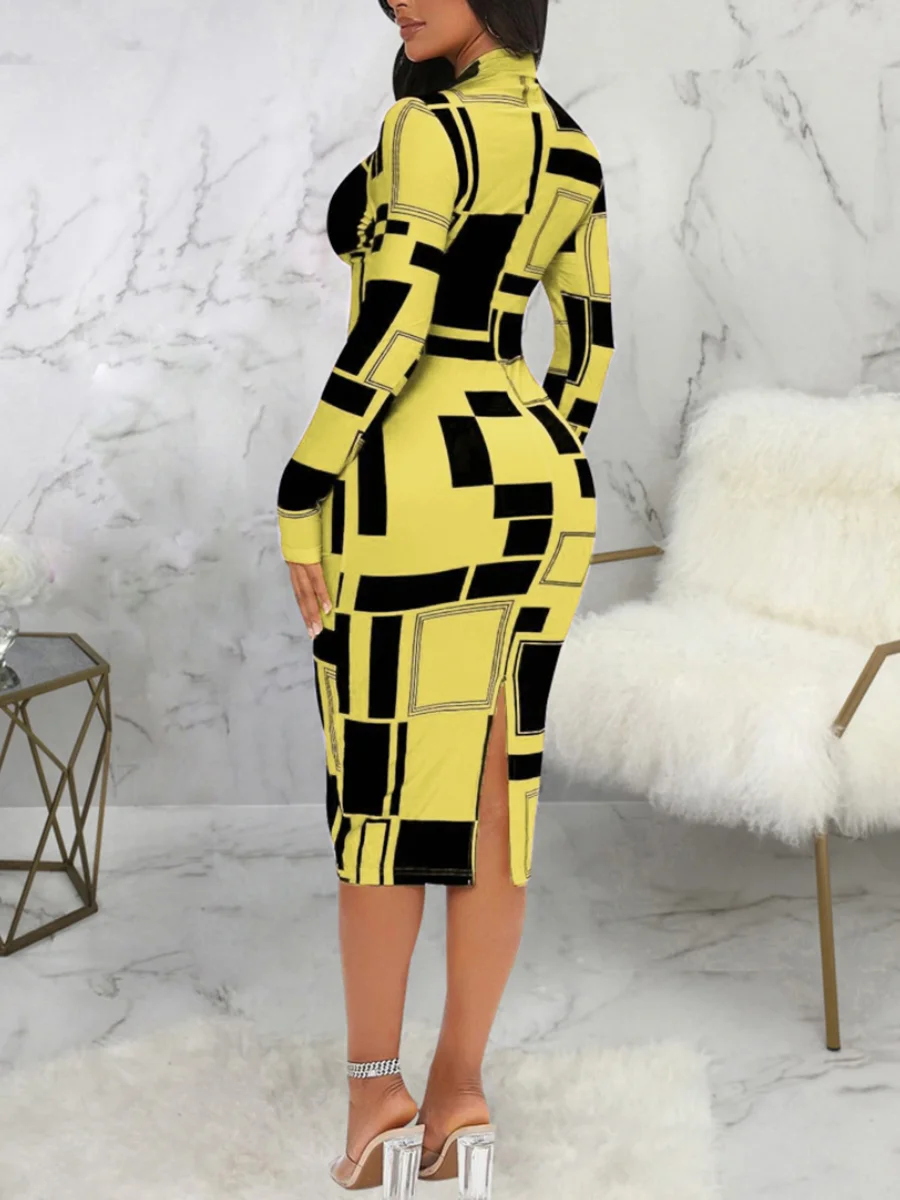 LW SXY Geometric Print Patchwork Bodycon Dress Summer Mock Neck Body-shaping Long Sleeve Stretchy Mid Calf Dresses for Women