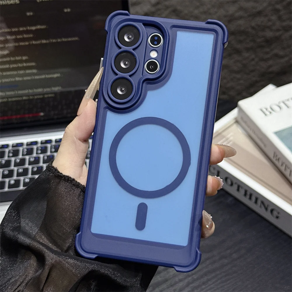 Frosted Translucent Shockproof Magnetic Phone Case For Samsung S25 S26 Ultra S24 Plus For Magsafe Wireless Charging Armor Cover