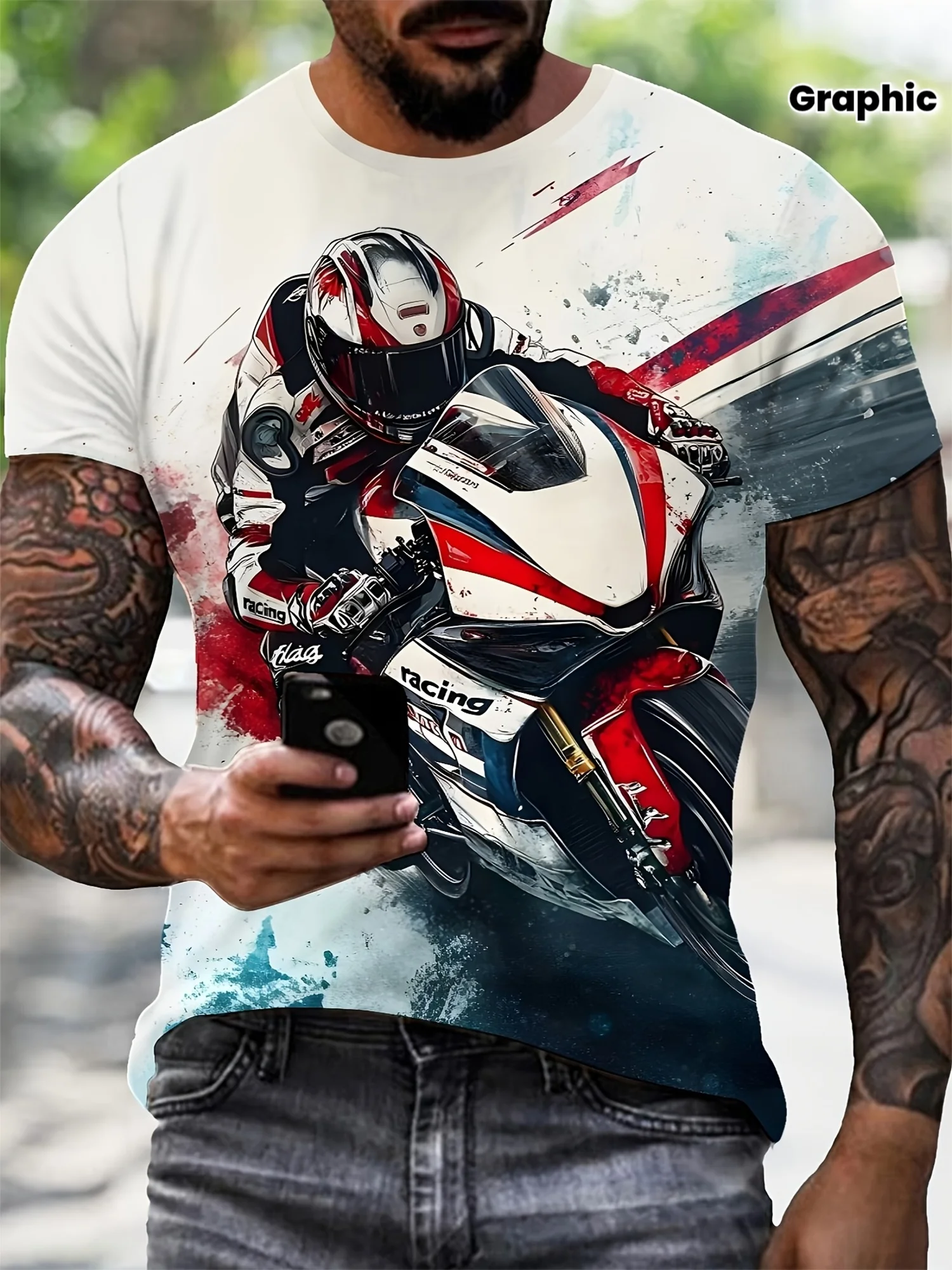 

Мужская футболка с 3D мотоциклетным принтом — с коротким рукавом и круглым вырезом, яркий гоночный графический дизайн, повседневная уличная одежда, которую можно стирать в машине