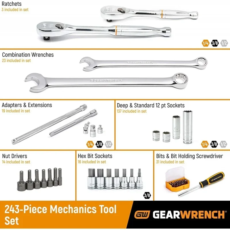 GGEARWRENCH 243 Pc. 12 Pt. Mechanics Tool Set in 3 Drawer Storage Box - 80972