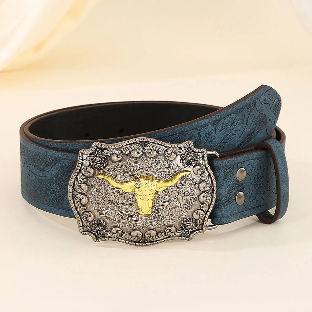 Western Embossed Pu Leather Men Belts Golden Cowboy Longhorn Bull Pattern Floral Engraved Buckle Belt For Men Women 105cm