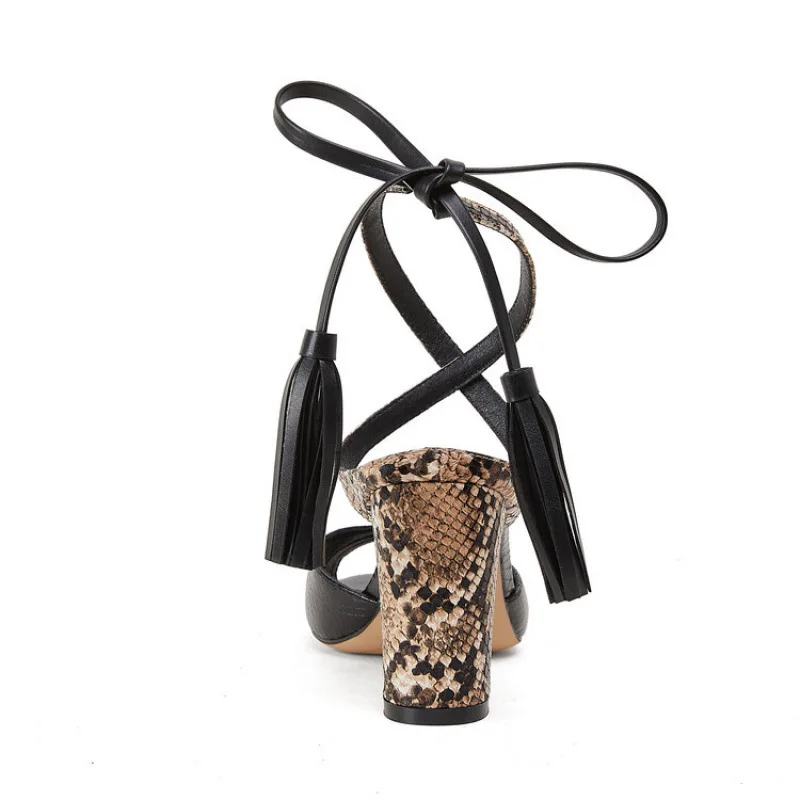 Summer New Fish Mouth Serpentine Leather Surface Tassel Strap Square Heel Sandals Banquet Large Size Thick High Heels Women Shoe