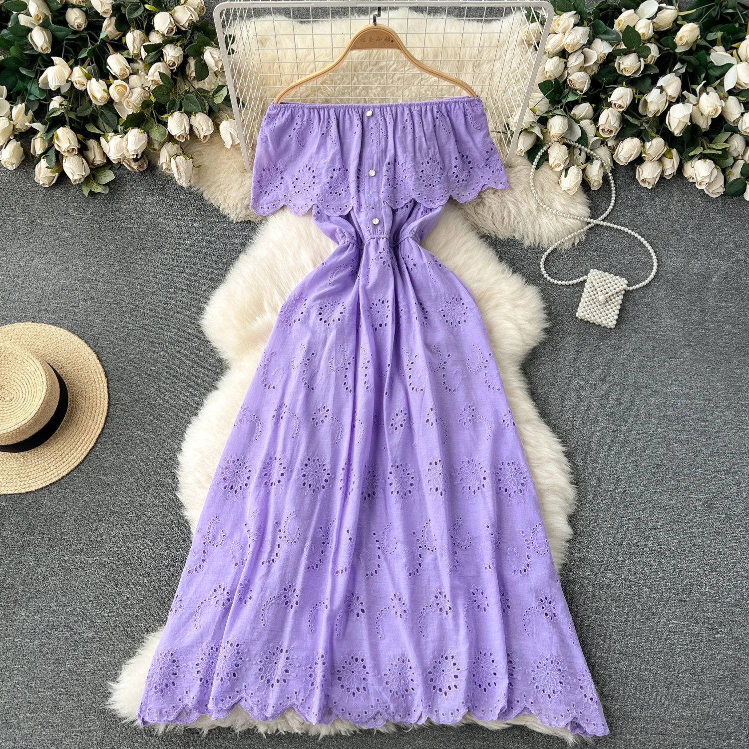 sweet Vintage cut out Embroidery Elegant cut out Dress Casual Women A-LINE  Fashion summer off shoulder dresses