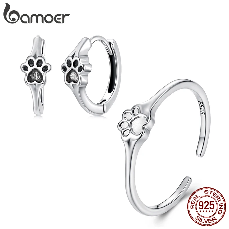 

Bamoer 925 Sterling Silver Pet Paw Print Rings Earrings Sets Cute Cat Dog Hoop Earrings Animal Open Ring Jewelry for Women Girls