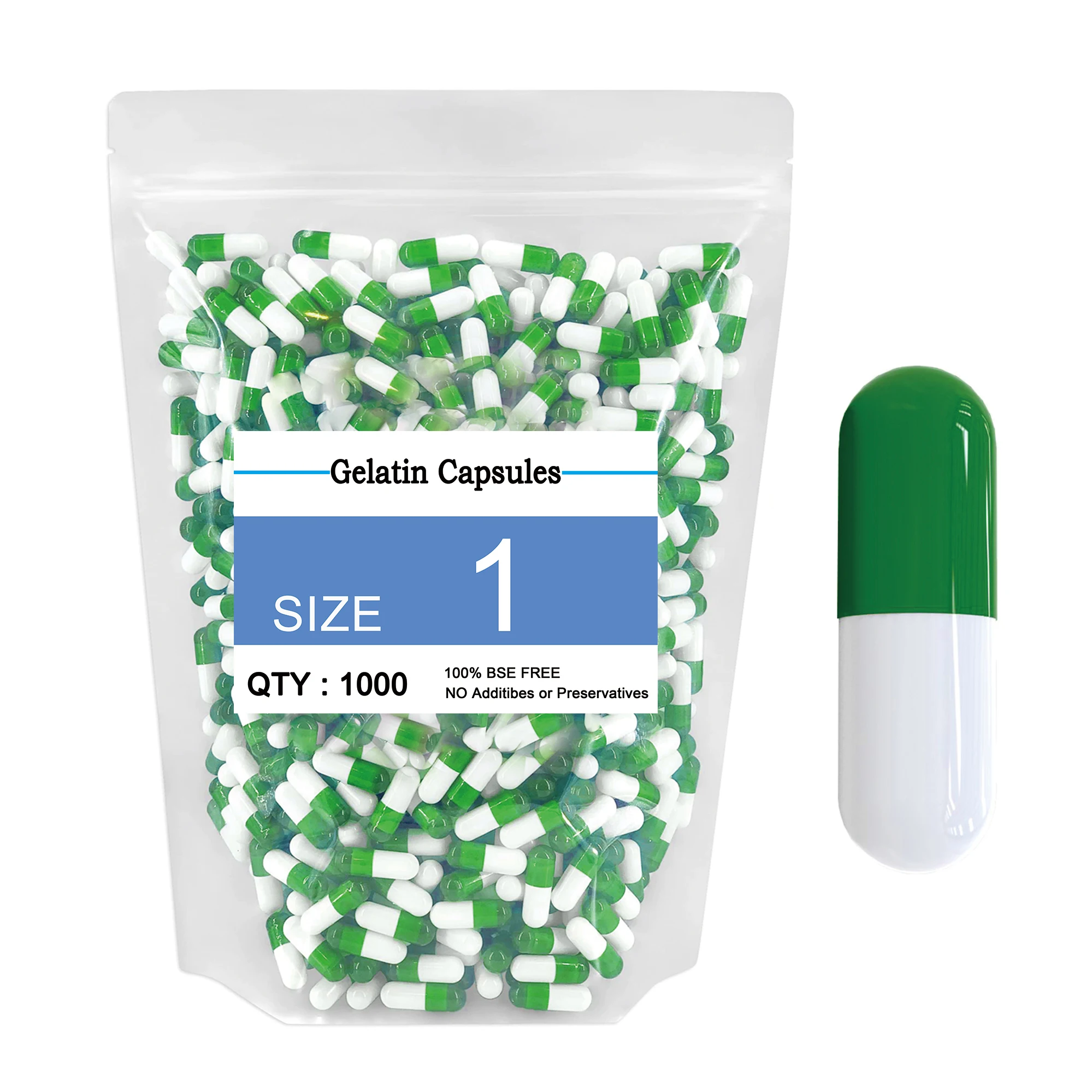 

1000PCS Gelatin Empty Pill Capsule Size 0 1 Green White Hollow Separated Joined Food Grade Gelatin Capsules