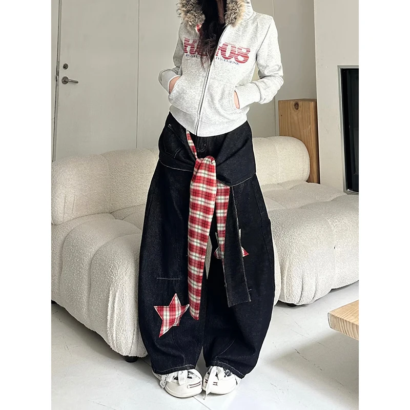 

Women Vintage Black Gothic Y2k Emo Star Jeans 2025 Autumn Harajuku Baggy Denim Trousers Streetwear 2000s Oversize Cargo Pants