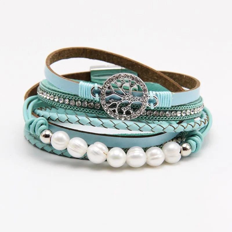 WYBU 7 Colors Tree Of Life Leather Bracelet For Women Alloy Magnetic Clasp Pearl Multilayer Wrap Fashion Women Bangle Jewelry