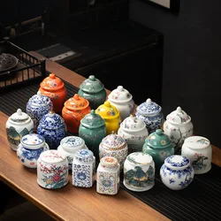 Retro blue-and-white sealed ceramic tea pot storage pot household ceramic storage small tea pot home decoration ceramic pot