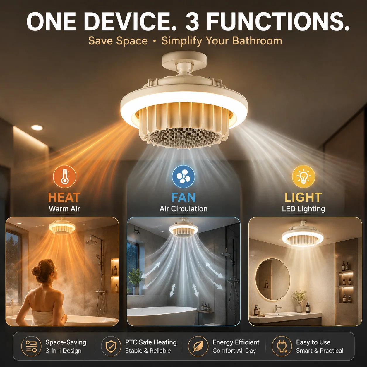 3-in-1 Bathroom Heater Fan Light 600W PTC Heating E27 Socket LED Ceiling Lamp with Remote Control And Timer 1H 2H 4H 3 Colors