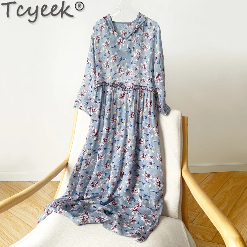 Tcyeek 100% Mulberry Silk Midi Dress Summer Clothes Elegant Dresses for Women Clothing Women\'s Dress 2024 Hooded Beach Dress