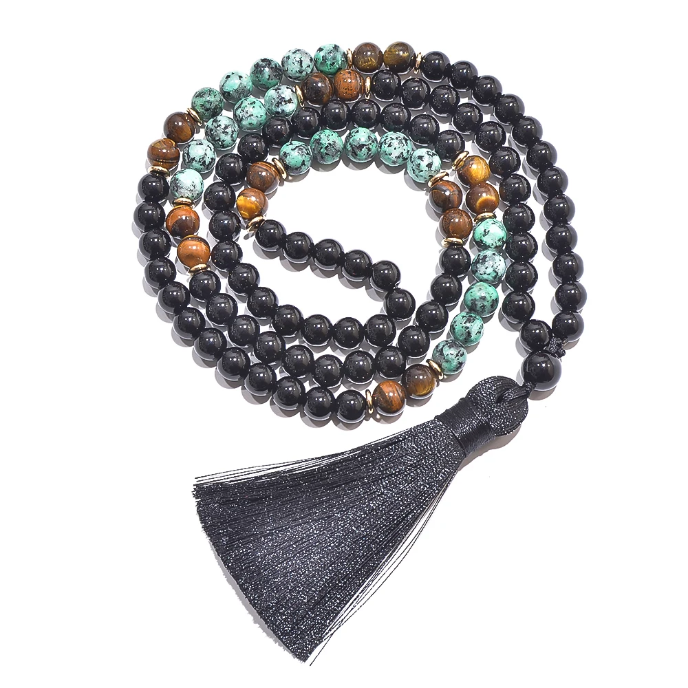 8mm African Turquoise Black Onyx Tiger Eye Beaded 108 Mala Prayer Necklace Meditation Jewelry Japamala Set for Men and Women view 3