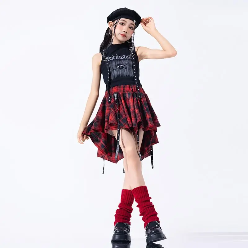 

Hip Hop Girls Crop Top Plaid Street Dance Skirt Kids Ribbon Pleated Skirts Teens Jazz Cool Costumes Child Streetwear Clothes Set