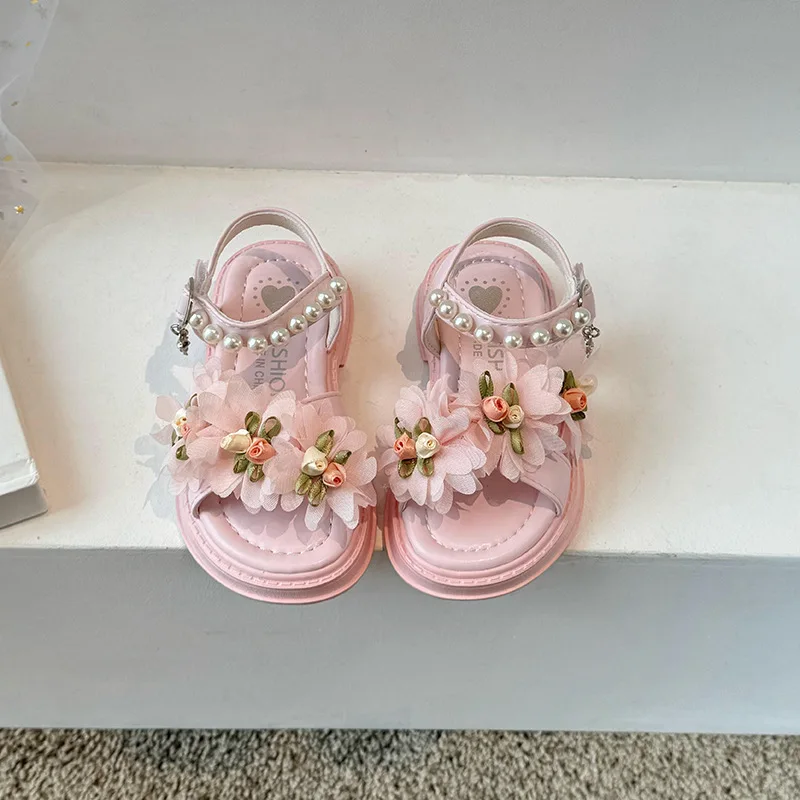 Summer Princess Breathable Non-Slip Sandals Flat Beach Soft Shoes for Kids Children\'s Girls Fashion Flower Pearl Sandals