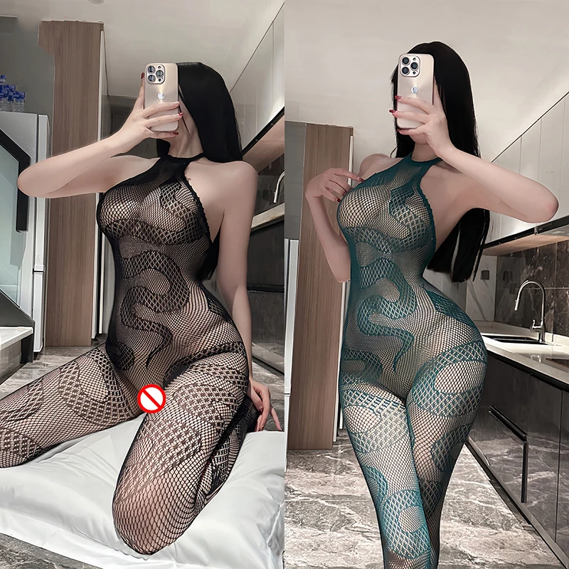 

Sexy Mesh Lace Hot Bodysuits Stockings For Women Green Snake Print Fishing Net Bodysuits Stockings Charming Passionate Underwear