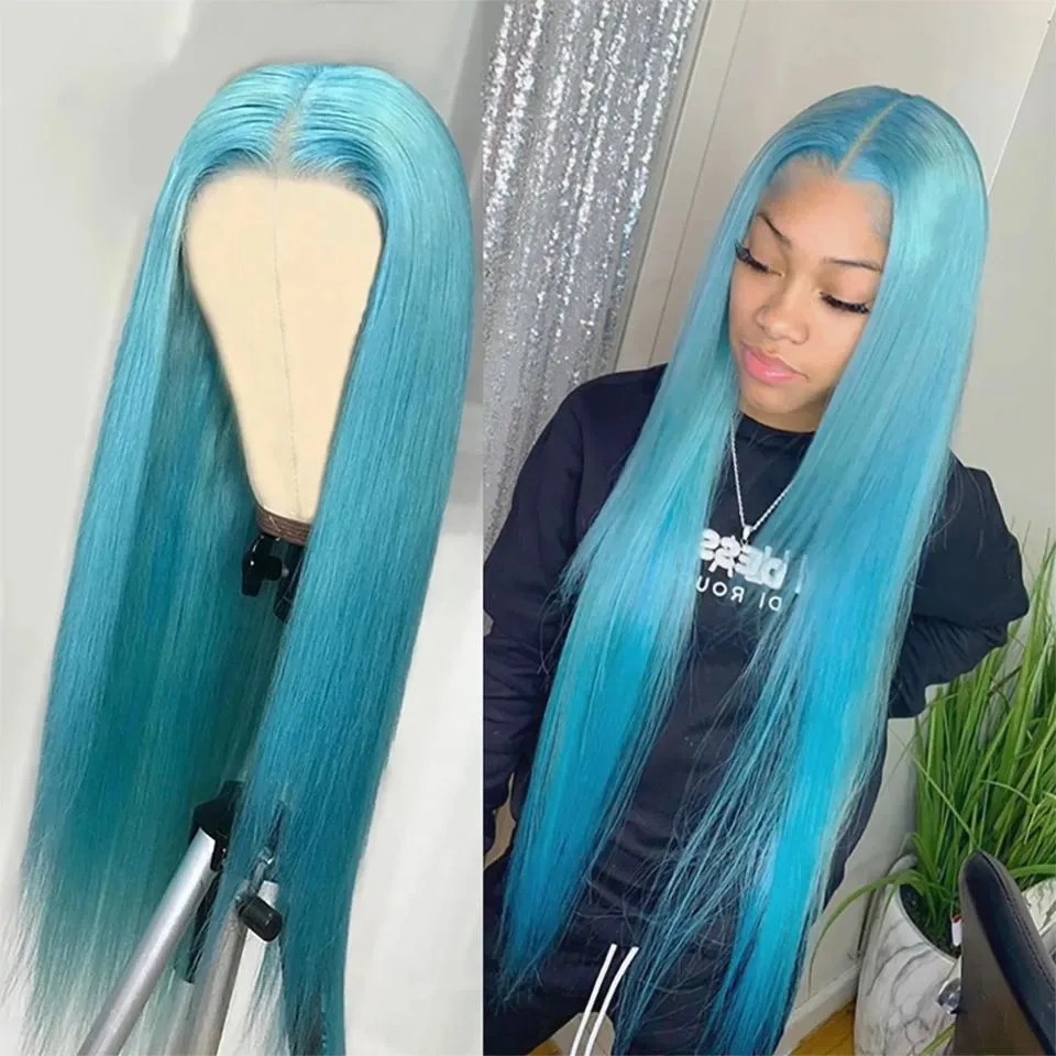 Light Blue 13x4 Transparent Lace Front Wig 180% Density Bone Straight lace Front Wig Preplucked Glueless Lace Wigs Party