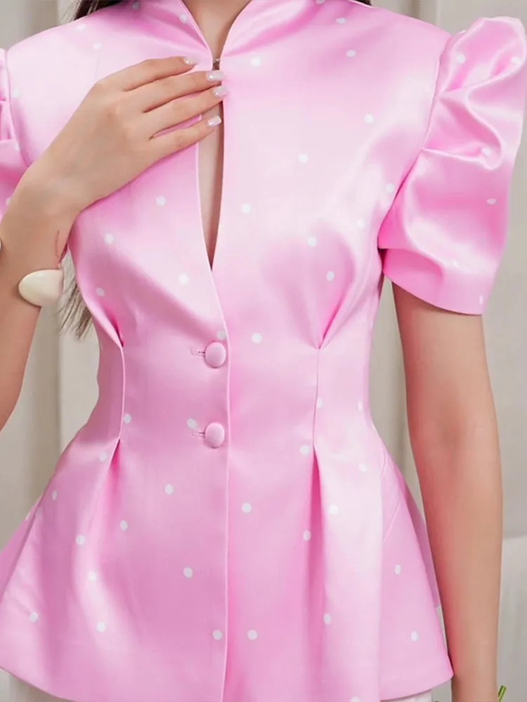 Bedruckter Taillierter Dünner Blazer für Damen Eleganter Stehkragen Puffärmel Kurze Ärmel Schlanker Mantel Schicke Büro-Damen-Oberteil Neue Oberbekleidung – Detail 5