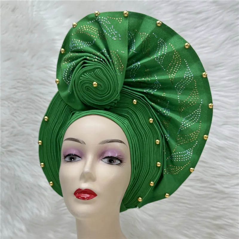 High Quality African Nigeria Gele Elegant Helmet With Stones Headband Turban Head Scarf Head-Hat Auto Gele Brand New Hats 7L1181