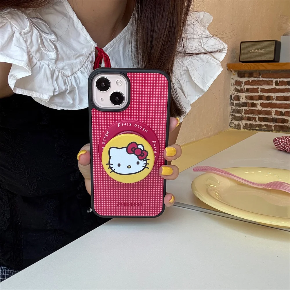 

Cute plaid Sanrio Hello Kitty with Magsafe Holder phone case For iPhone 14 16 Pro Max 15 13 Pro cover Hello Kitty cartoon cover