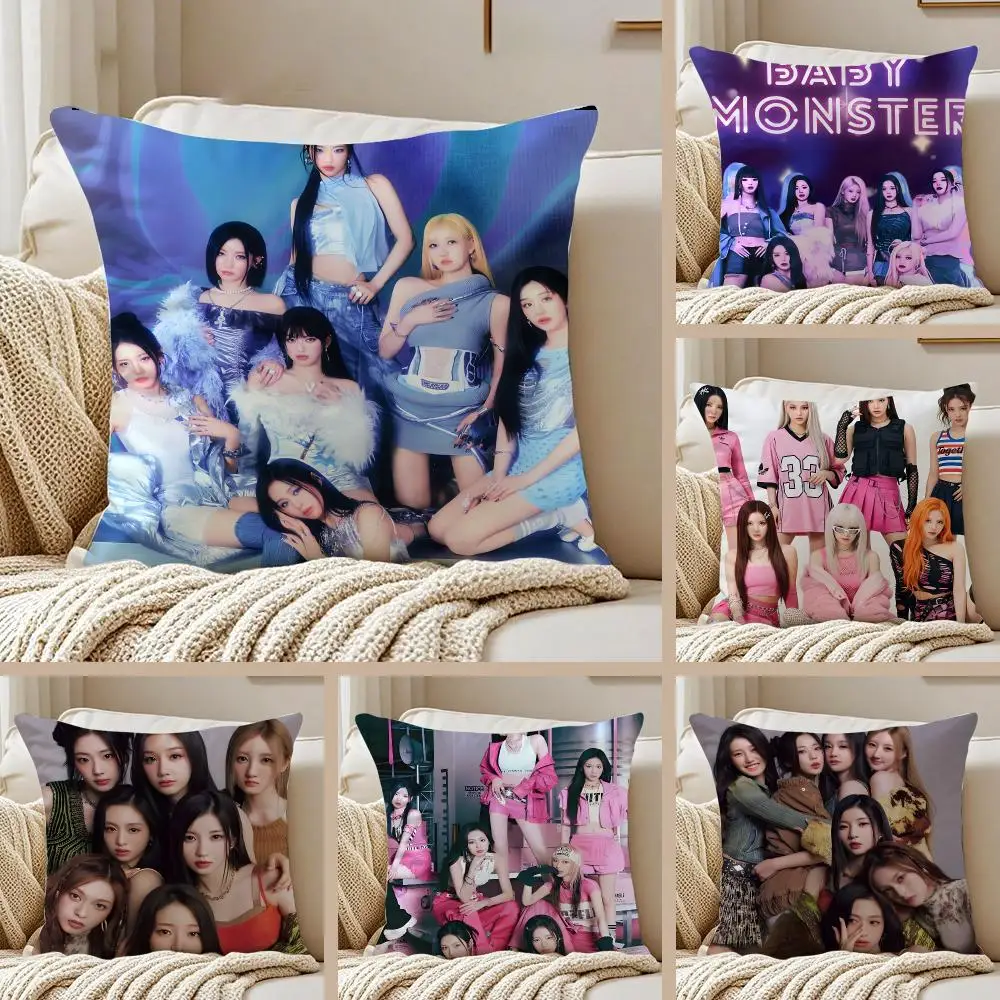 Kpop Girl Group B-Babymonster Cushion Cover Pillowcase Anti-dustmite Invisible Zipper Short Plush Sofa Cushion