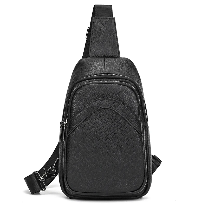 Men's Chest Bag Genuine Leather Shoulder Messenger Bag Male Sling Bags Travel Day Pack Tablet Design Crossbody Summer Bag Black