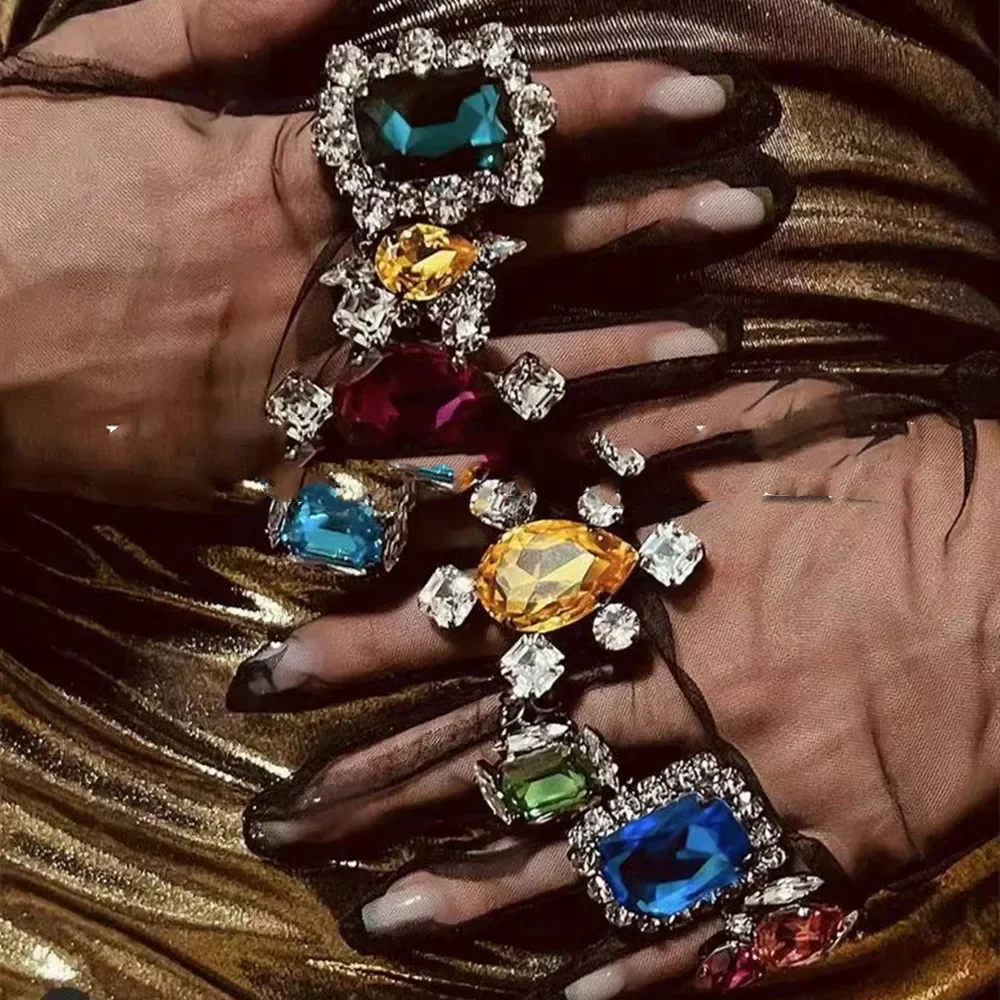 

Colorful Rhinestone Crown Shape Oversized Open Rings Finger Accessories for Women Shiny Crystal Stone Square Adjustable Rings