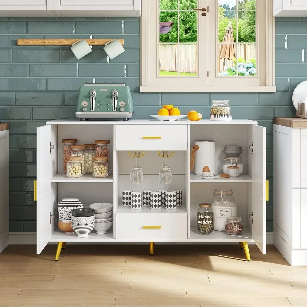 Buffet d'armoire de cuisine en bois moderne avec rangement, étagère réglable, porte-verre à vin, blanc contemporain, poli NW