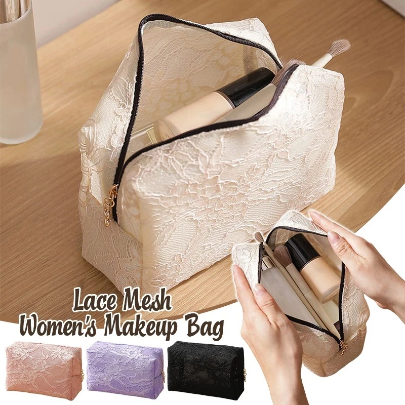 

Women's Lace Mesh Makeup Bag Travel Portable Toiletry Storage Bag Large Capacity Zipper Square Cosmetics Bag Cute Coin Purse