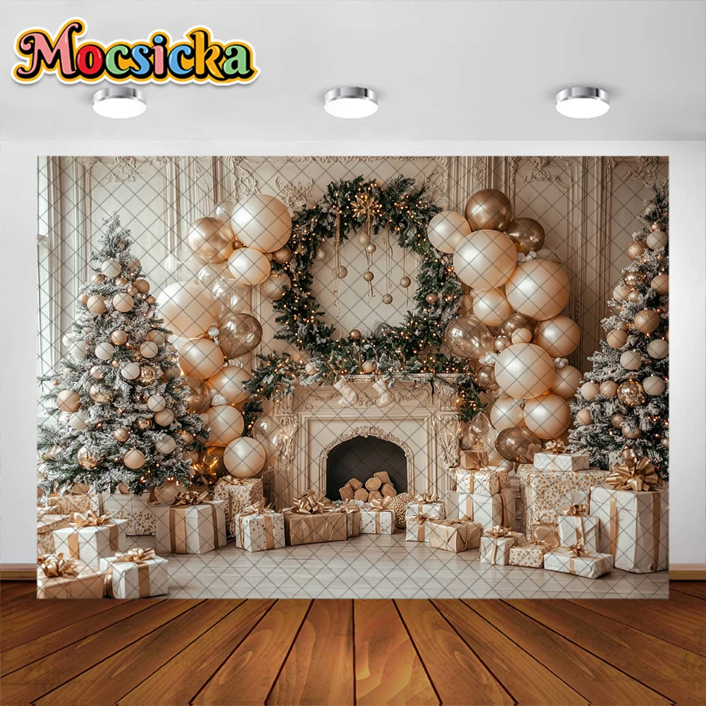 Christmas Photography Background Xmas Tree Fireplace Garland Gift Decoration Kids Holiday Portrait Photo Backdrops Studio Props