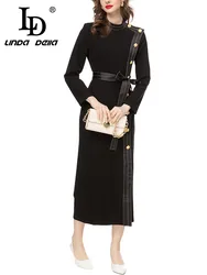 LD LINDA DELLA 2024 Autumn and winter Vintage Designer Dress Women's Black Round Neck Single-breasted Bow Splice Slim Fit Dress