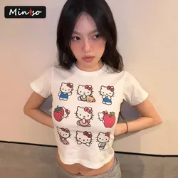 Summer Kawaii Hello Kitty Print Graphic T Shirts Woman Clothes Short Sleeve Japan Style Slim 2000s Clothes Y2k Tees Female Chic