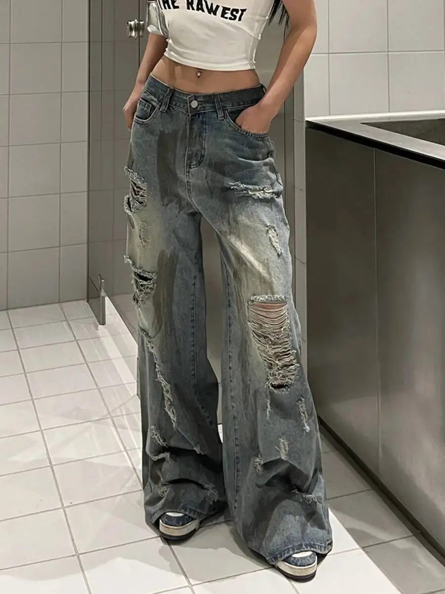 Hot Girl's Vintage Ripped Jeans For Women's Spring New High Waisted Slim Floor Length Pants With Wide Legs Pants LLV8