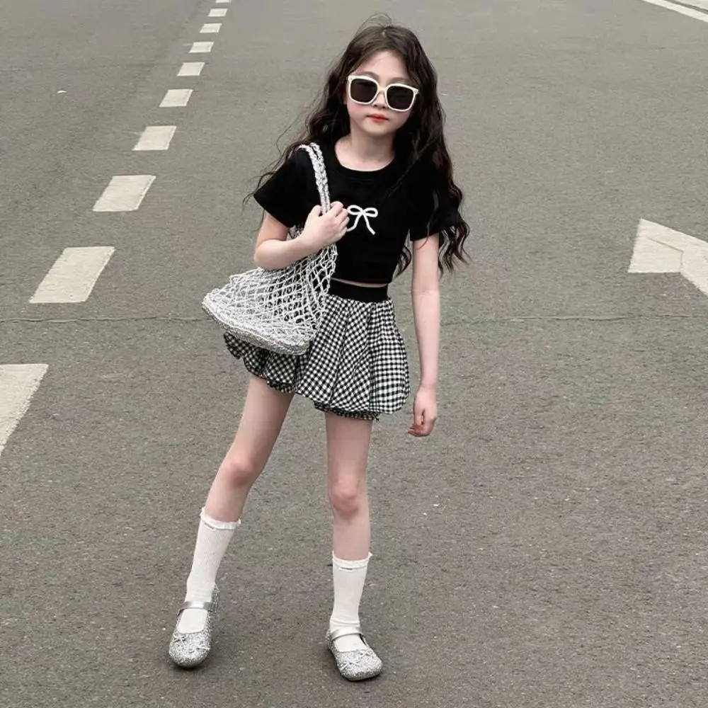 

Fashion Lace Up Teens Bow T-shirts Korean Style Summer Slim Crop Top Short Sleeve Sweet Girl's Top Students