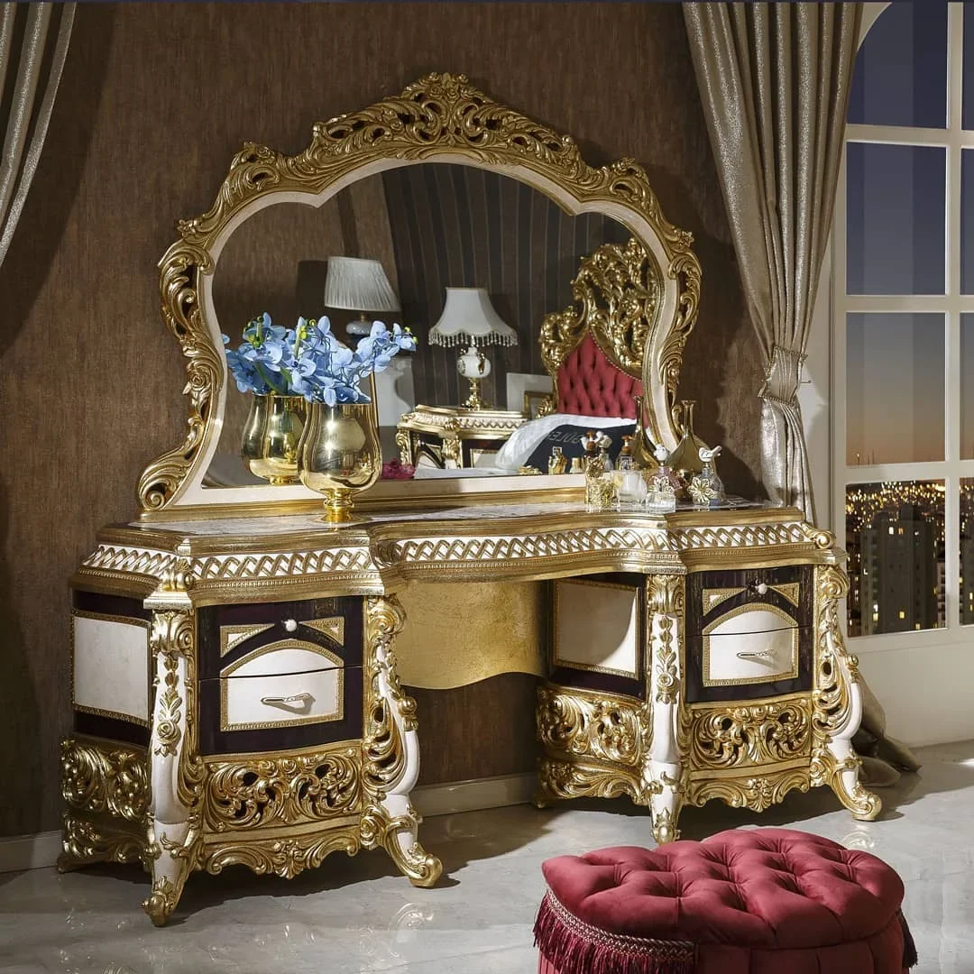 Luxury Golden Bedroom Furniture Turkish Style Vanity Mirror Makeup Dresser Big Room Make Up Dressing Table Organizer