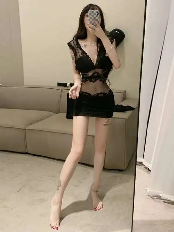 

Summer Sexy 2024 Spicy Girl Mesh Lace Splicing Sheer Sleeveless V-neck Backless Cinching Waist Wrap Hip Black Short DressTR6W